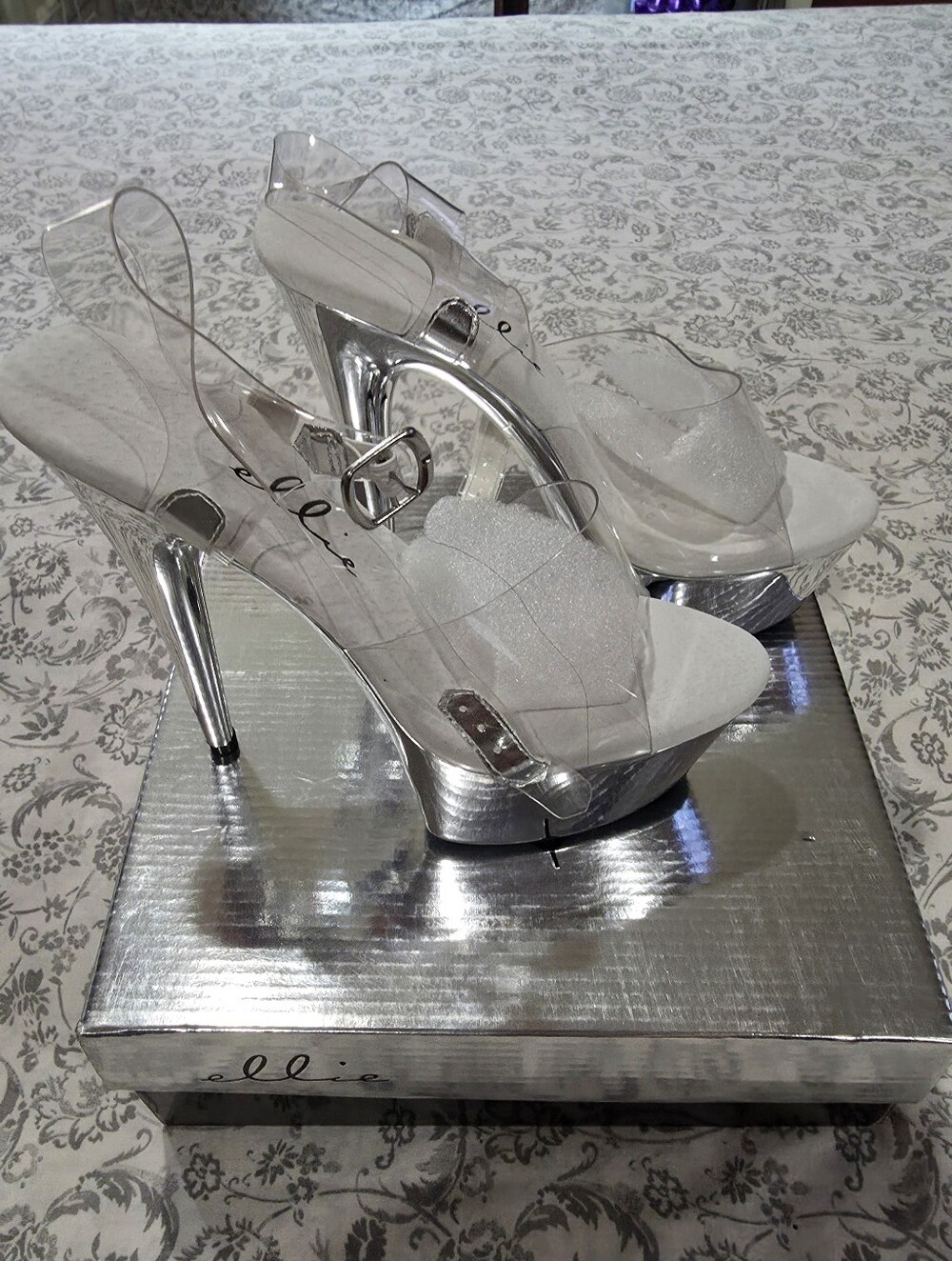 ELLIE 6" PEEPTOE CHROME STILETTO HEELS